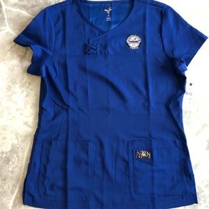 NWT KIO TECH royal blue cute scrubs pocket front heart shirt size small